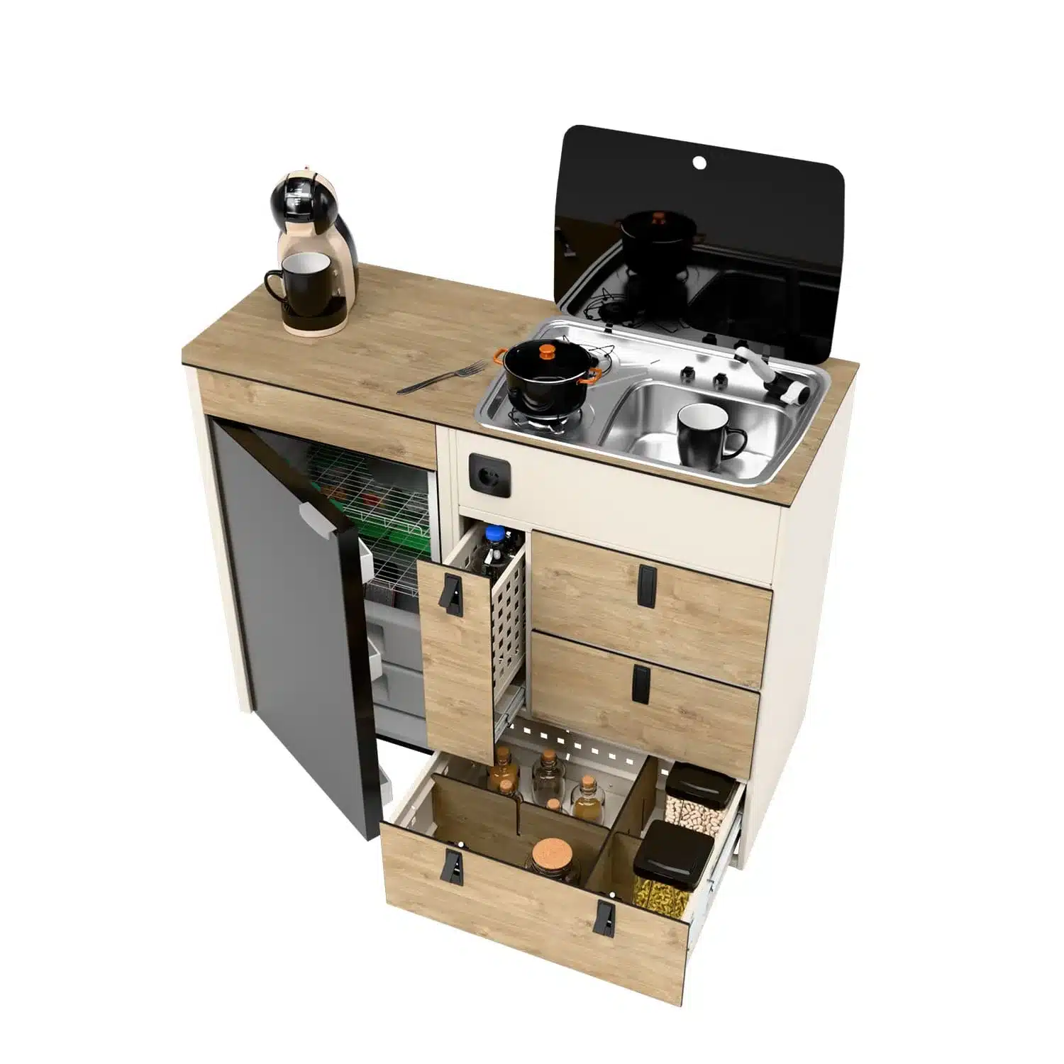 Moon Kitchen Solid Model 3: Modularer Küchenblock mit Spüle, Gaskocher, Kühlschrank und Stauraum für Camper Vans.