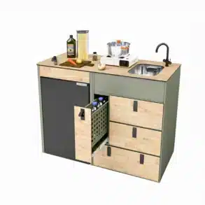 Modularer Küchenblock Moon Kitchen Solid 3 mit Schubladen, Arbeitsplatte, Spüle und Technikfach für Kastenwagen-Ausbau.
