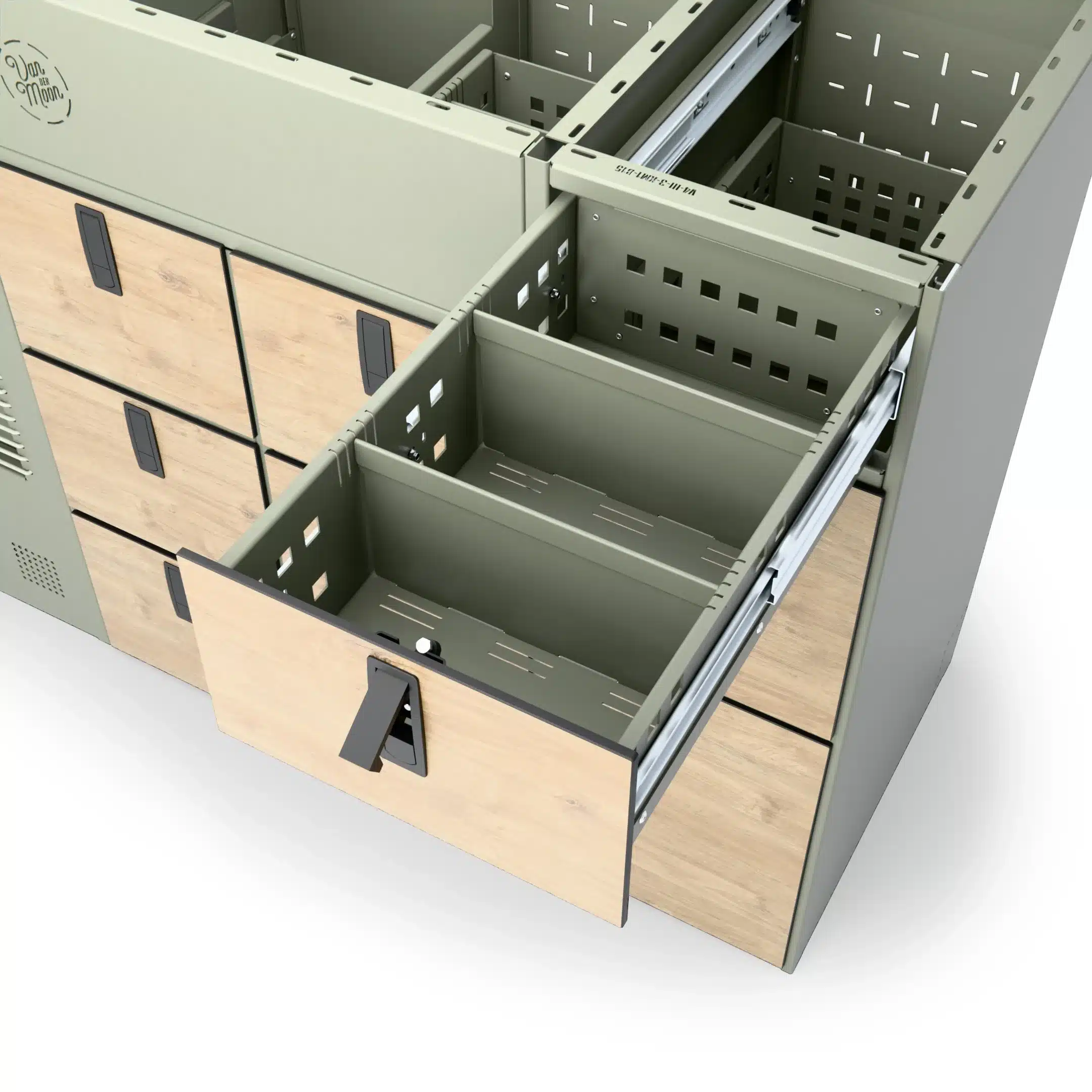 Detailansicht der geteilten Schublade im modularen Küchenblock Moon Kitchen Solid 3 für Vans