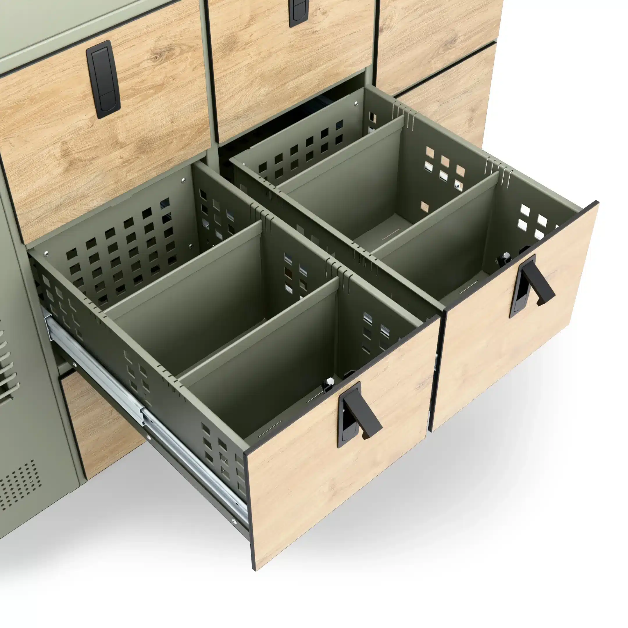 Offene Schubladen der Moon Kitchen Solid Model 1 UK mit variablen Alu-Trennwänden in einer Camper-Küchenzeile.