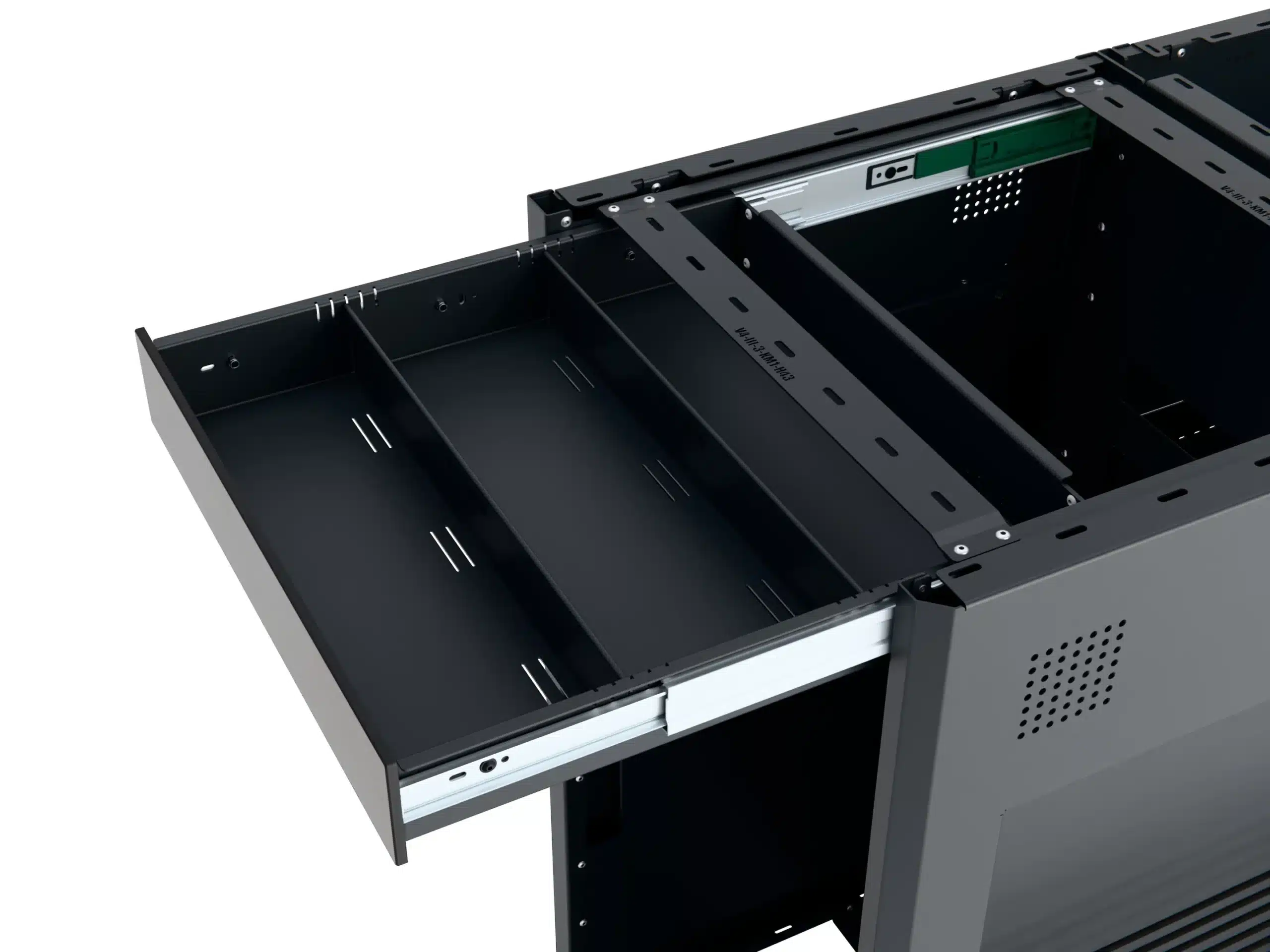 Schubkasten aus Aluminium der Moon Kitchen Solid Model 1 UK mit einstellbaren Trennwänden in Nahaufnahme.
