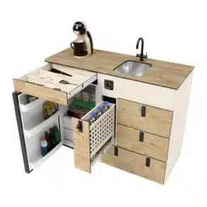 Moon Kitchen Solid Model 3 Camperküche mit geöffneter Schublade, Kühlschrank und Spüle