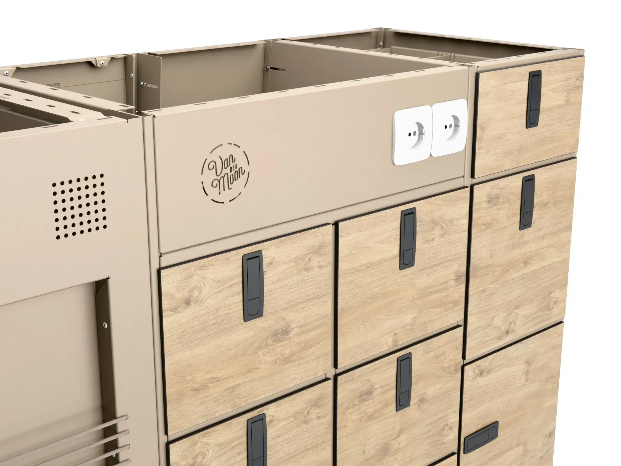 Detailaufnahme der Moon Kitchen Solid Model 3 Camperküche mit Holzdekor-Fronten, Aluminiumkorpus und Steckdosen.