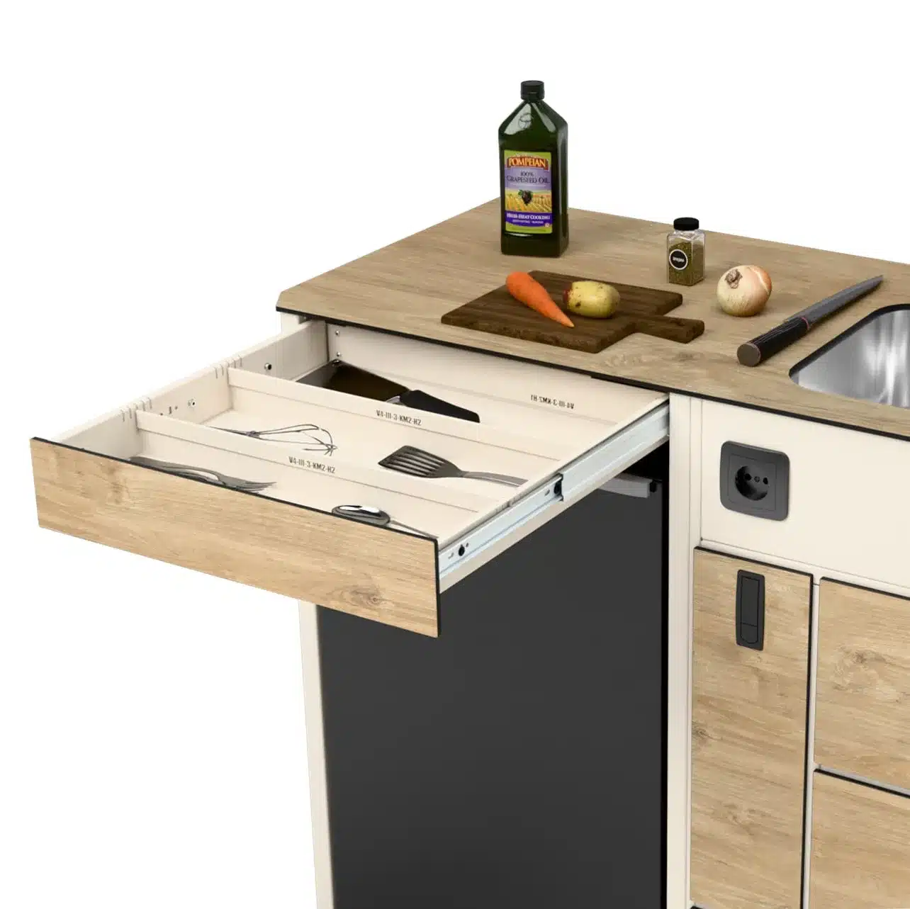 Moon Kitchen Solid Model 3 mit geöffneter Schublade, Besteck, Schneidebrett, Gemüse und Spüle im Campermöbel.