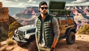 Mann mit grüner ärmelloser Outdoor-Weste von PAXSON vor einem Camper und malerischer Canyon-Landschaft.