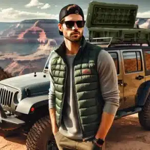 Mann mit grüner ärmelloser Outdoor-Weste von PAXSON vor einem Camper und malerischer Canyon-Landschaft.