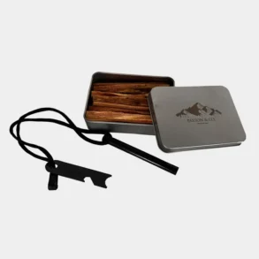 PAXSON Survival Feuerstahl Set mit Zündstahl, Striker und Zunder in Metallbox