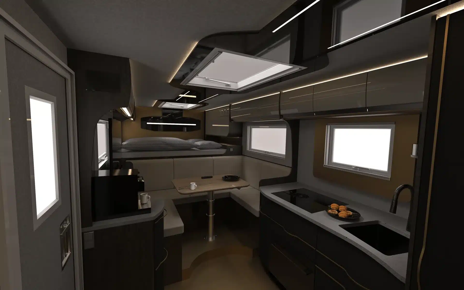 Moderner Innenraum des TITAN 65 UQX 4x4 mit U-Sitzgruppe, Küche und Schlafbereich