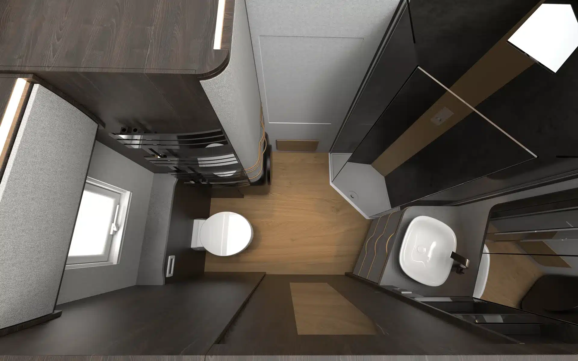Top-Down-Ansicht des Badezimmers im Expeditionsmobil TITAN 65 UQX 4x4 mit Dusche, Toilette und Waschbecken