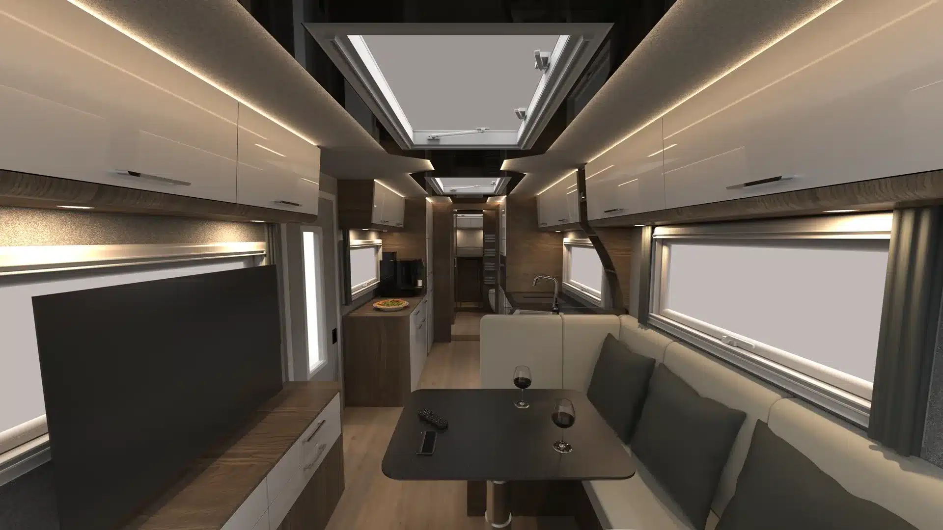 Innenansicht des Wohnbereichs im TITAN 82 UEX 6x6 Expeditionsfahrzeug mit U-förmiger Sitzgruppe, LED-Beleuchtung und modernen Möbeln