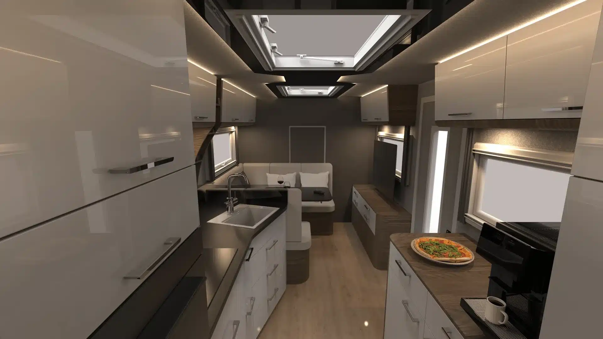 Innenansicht des TITAN 82 UEX 6x6 mit luxuriöser Küche, Wohnbereich und modernem Design.