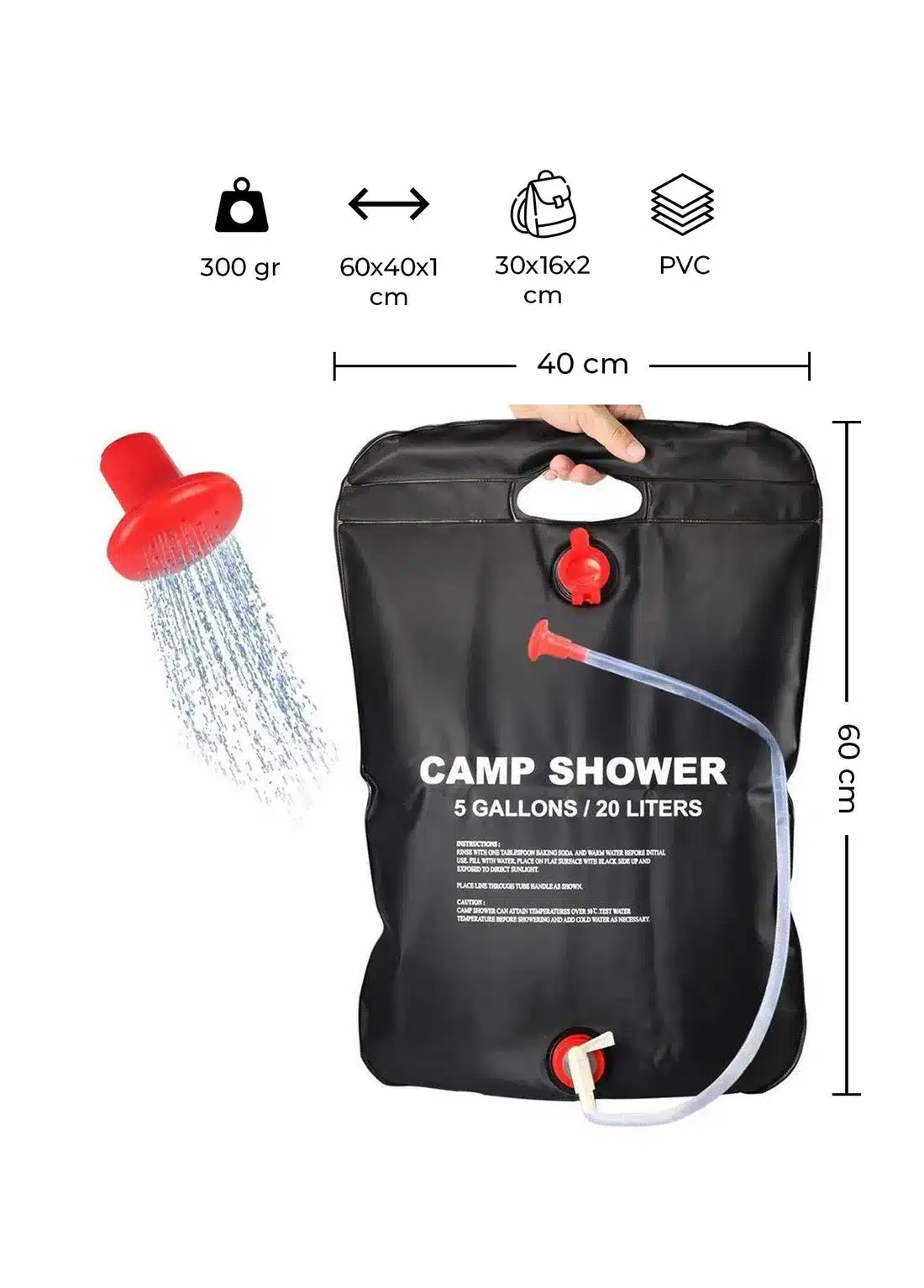 Mobile Campingdusche mit 20 Liter Fassungsvermögen, schwarzer Behälter und Duschkopf, Maße und Produktdetails