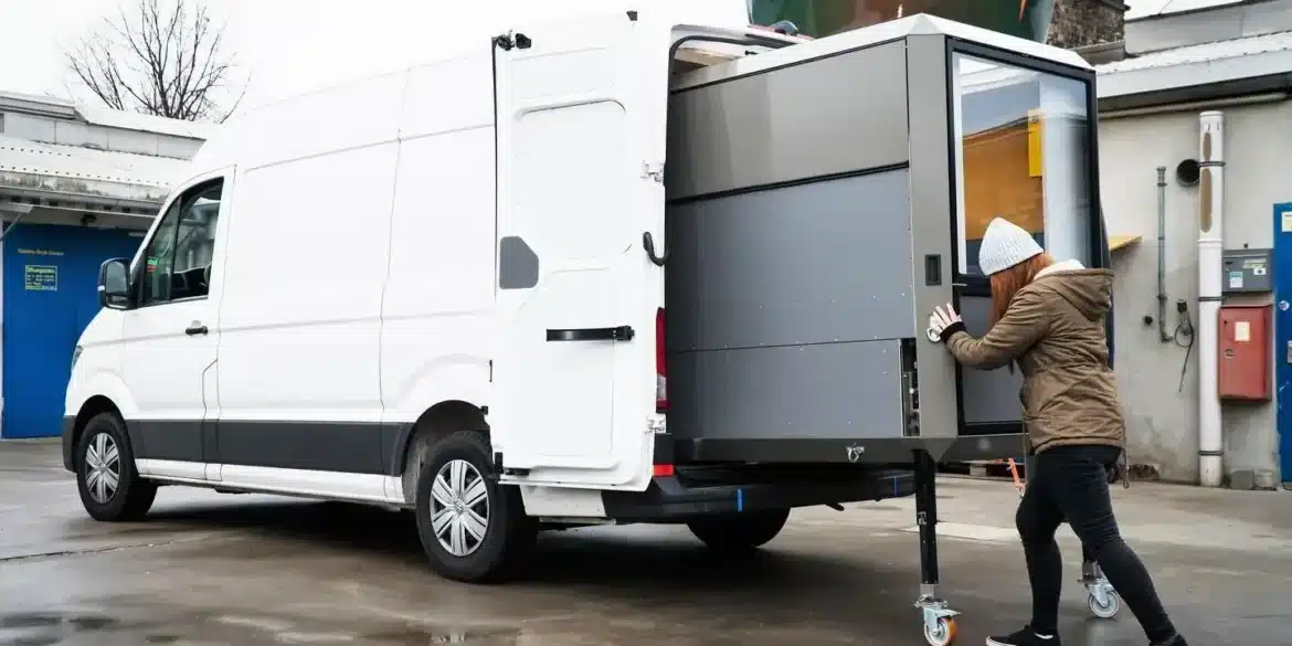 Frau schiebt ein großes Camper-Modul auf Rollen in einen weißen Transporter.