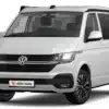 VW T6.1 Camper von Ellie Vans in Weiß, fotografiert von schräg vorne, mit modernen Alufelgen und kompaktem Normaldach.