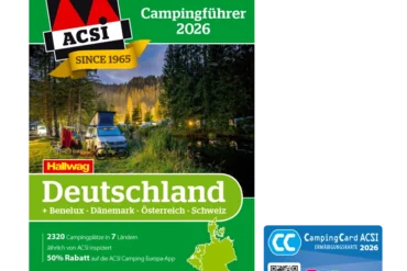 Cover des ACSI Campingführers Deutschland 2026 mit CampingCard Ermäßigungskarte