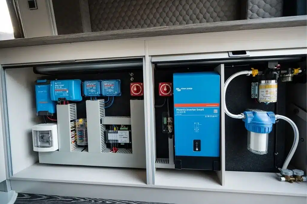 Technikmodul mit Strom- und Wasserinstallation im Aquila Adventure Creston Crafter 4×4 Camper
