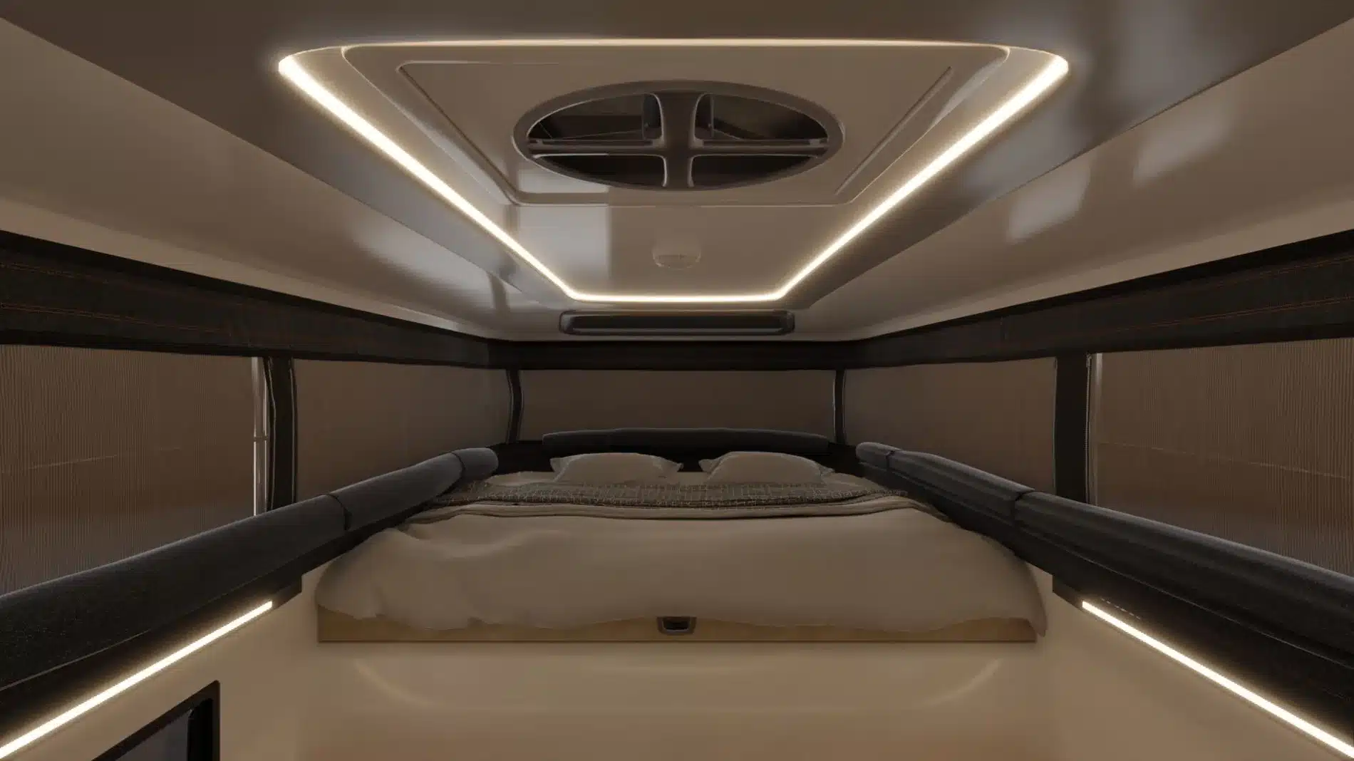 Schlafbereich mit Doppelbett, LED-Beleuchtung und Dachfenster in der Aquila S Wohnkabine für Pick-ups.