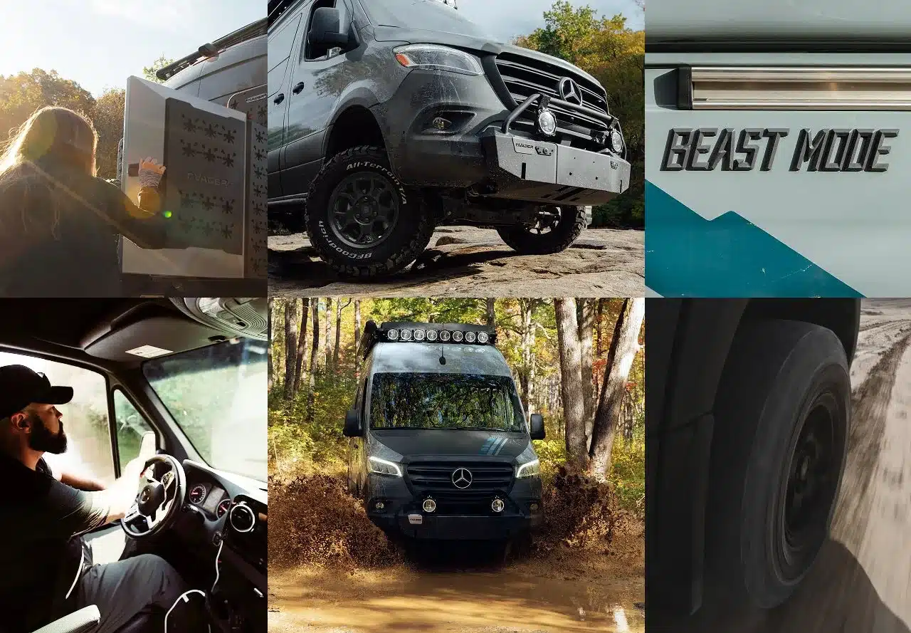 Collage des Beast Mode XO Campervans mit Offroad-Elementen, Innenraum und Detailaufnahmen am Fahrzeug