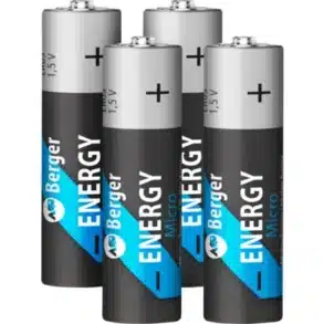 Vier Berger Energy Micro (AAA) Alkaline Batterien LR03 stehend nebeneinander