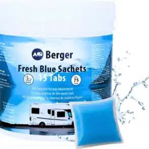 Produktfoto der Berger Fresh Blue Sachets Sanitärzusatz 15 Tabs für Fäkalientanks in Wohnmobilen und Caravans.