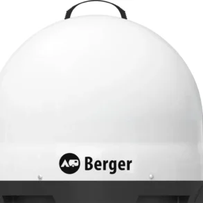 Weiße Berger Move 3.0 mobile Satelliten-Antenne mit robustem Kuppelgehäuse und Tragegriff.