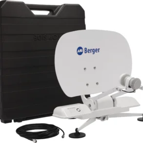 Berger Pathfinder 2.0 vollautomatische Sat-Anlage mit weißer Schüssel, Transportkoffer und Kabel