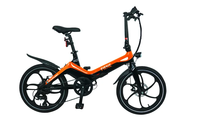 Seitliche Ansicht des orangenen Blaupunkt Fiene E-Bikes mit 20 Zoll Rädern, klappbarem Rahmen und Schutzblechen.