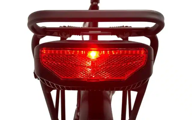 Rückansicht des leuchtenden Rücklichts mit Gepäckträger am Blaupunkt Franzi faltbaren E-Bike