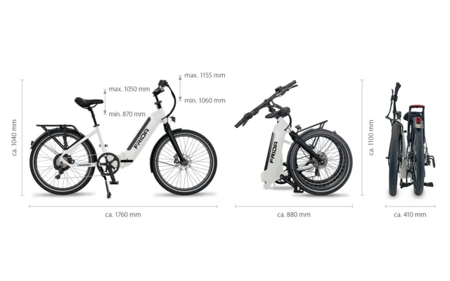 Blaupunkt Frida faltbares E-Bike 24 Zoll, aufgeklappt und gefaltet, mit Maßangaben.