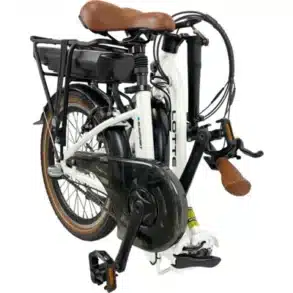 Zusammengefaltetes Blaupunkt Lotte E-Bike mit 20-Zoll-Laufrädern und braunem Sattel.