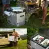 Kompakte Kompressor-Kühlbox IceCube DUAL 30 mit zwei Fächern bei Camping und Outdoor-Aktivitäten neben Camper und Grill.