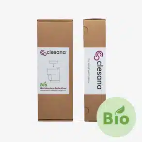 Clesana Bio Hochbarriere-Folienliner Verpackung für die C1 Verschweißtoilette, zwei Kartons und Bio-Siegel