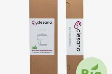 Clesana Bio Hochbarriere-Folienliner Verpackung für die C1 Verschweißtoilette, zwei Kartons und Bio-Siegel