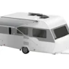 Fiamma CaravanStore Evo Markise am weißen Wohnwagen, voll ausgefahren mit sichtbaren Teleskopstützen