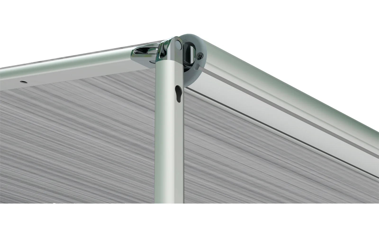 Detail der Fiamma Caravanstore XL Markise mit Gelenk und Markisentuch