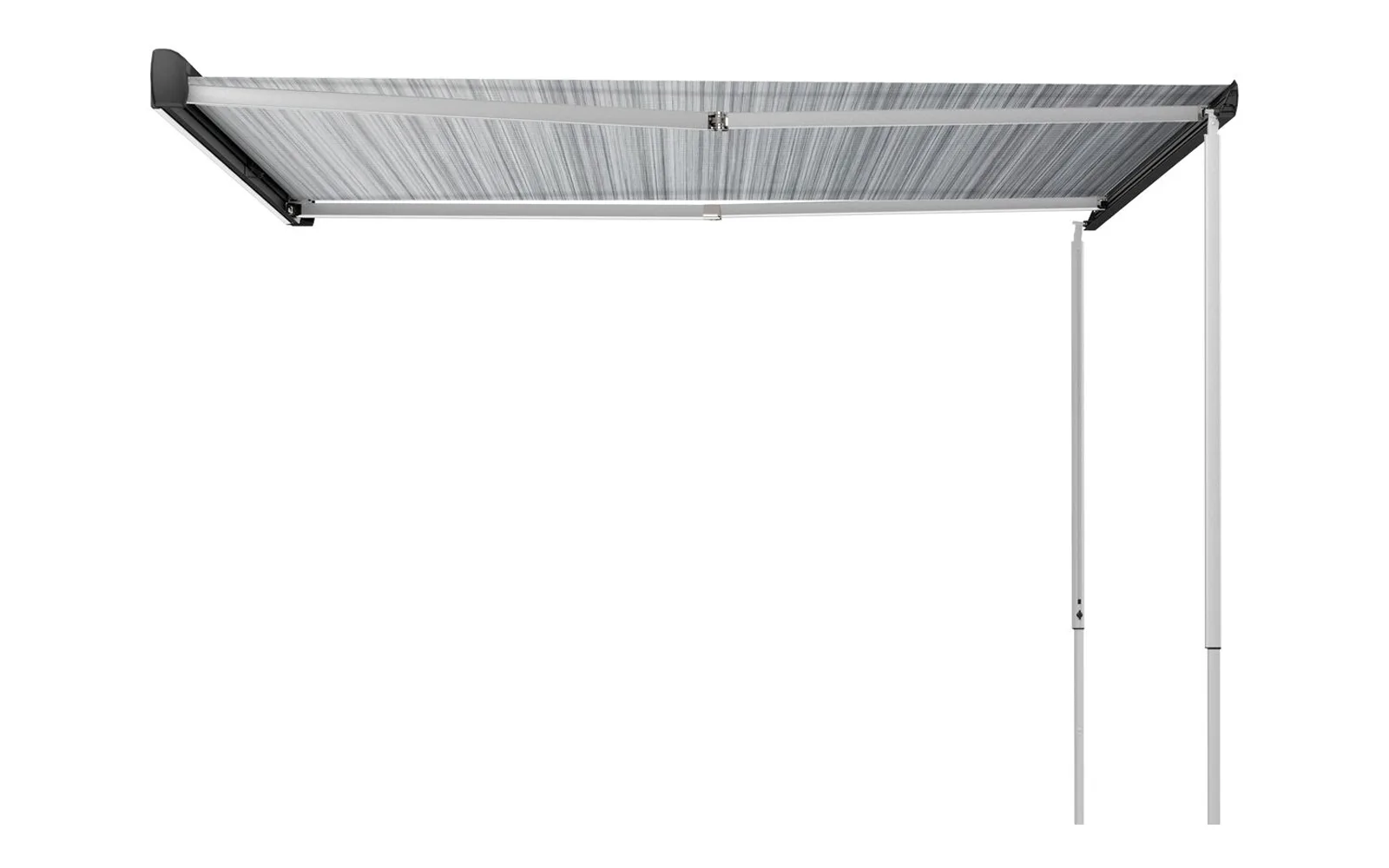 Ausgefahrene Fiamma F43van Markise mit Stützbeinen, Royal Grey Tuch und Deep Black Gehäuse.