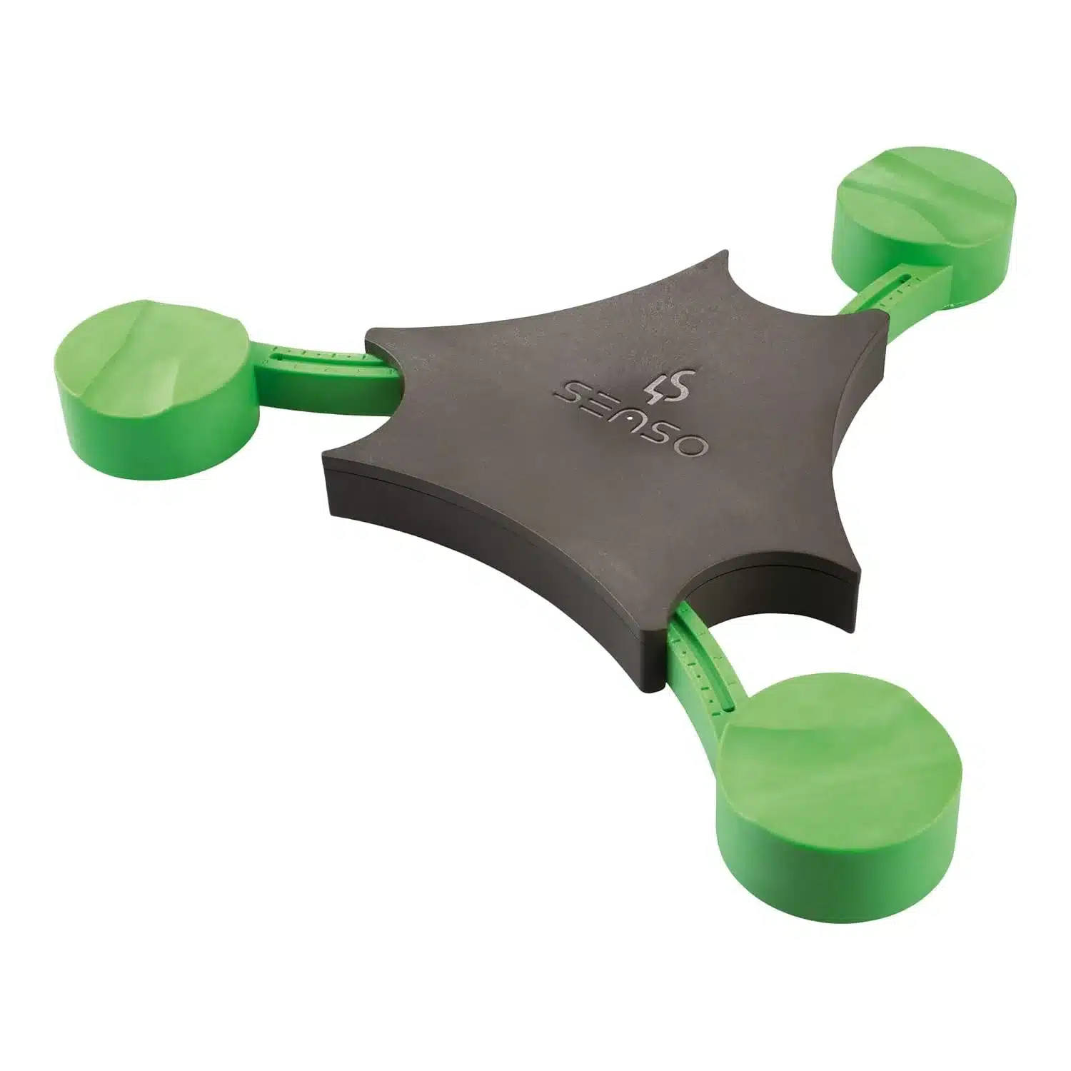 Dreibeiniges Messgerät aus Kunststoff mit grünen Endstücken auf weißem Hintergrund