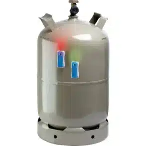 Gasflasche mit zwei angebrachten Gaslock GASLEVEL® Gasmessern, die den Gasfüllstand anzeigen