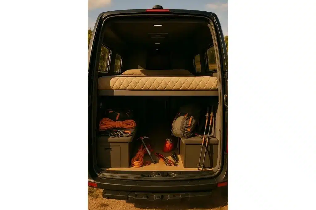 Heck des Iveco Durmitor 4×4 mit Ladefläche, Stauboxen und Outdoor-Ausrüstung unter dem Bett.