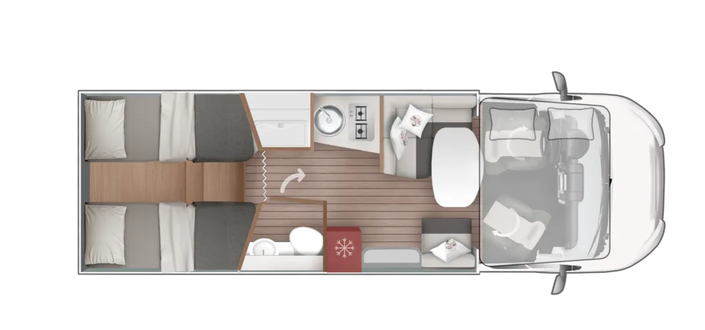 Grundrisszeichnung des Kronos 284 M mit Alkovenbett, Einzelbetten, separater Dusche und Wohnbereich.