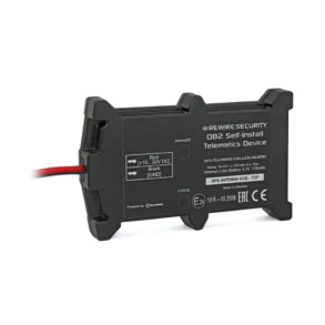 Rechteckiger, schwarzer GPS Lokator DB2 mit Anschlusskabeln, Rückseite mit technischen Beschriftungen.