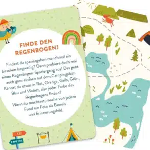 Zwei Karten des Kartensets 'Zelten, Schnitzen, Spuren lesen' mit einer Aufgabenbeschreibung und kindgerechter Illustration