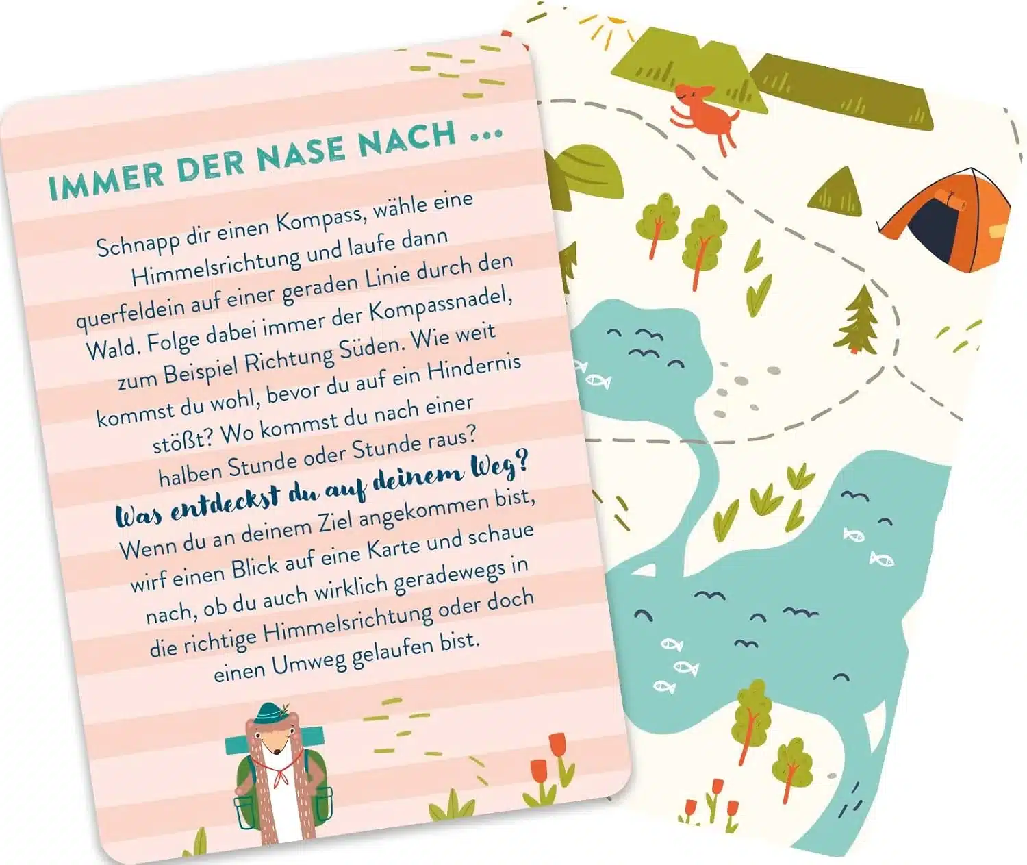 Zwei Karten aus dem Kartenset „Zelten, Schnitzen, Spuren lesen: 50 Outdoor-Ideen und Survival-Tipps für kleine Abenteurer“ mit Aufgabenbeschreibung und Illustration einer Karte mit Wegen, See, Zelt und Tieren.