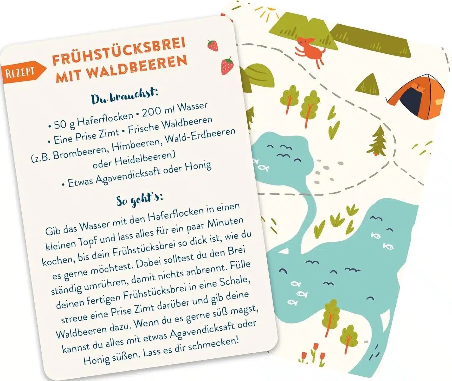 Kartenset-Karte mit Rezept für Frühstücksbrei und kindgerechter Abenteuerillustration