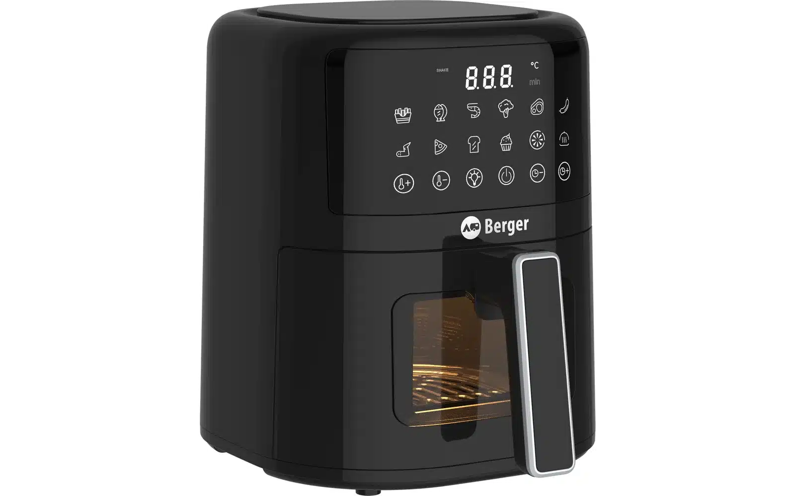 Schwarzer Berger Airfryer mit Bedienfeld und Sichtfenster für den Einsatz im Camper