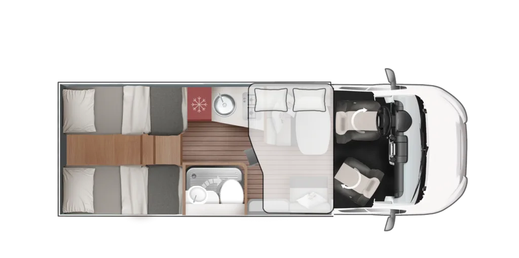 Grundrisszeichnung des Kronos 285 TL Reisemobils mit Einzelbetten, Hubbett und Wohnbereich auf Ford Transit Basis.
