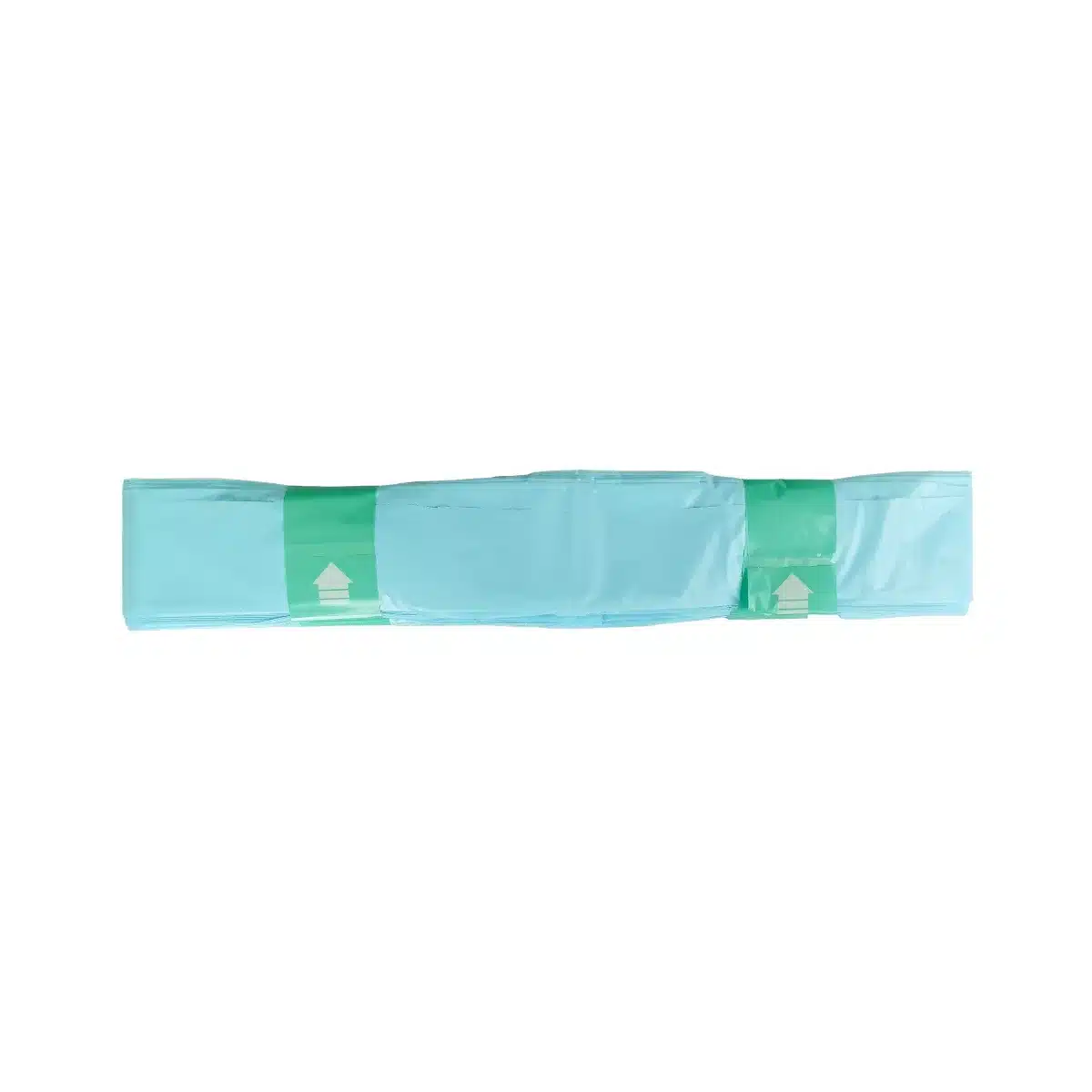 LooSeal kompostierbarer Folienliner für Campingtoiletten, zusammengerollt in Blau mit grünen Markierungen