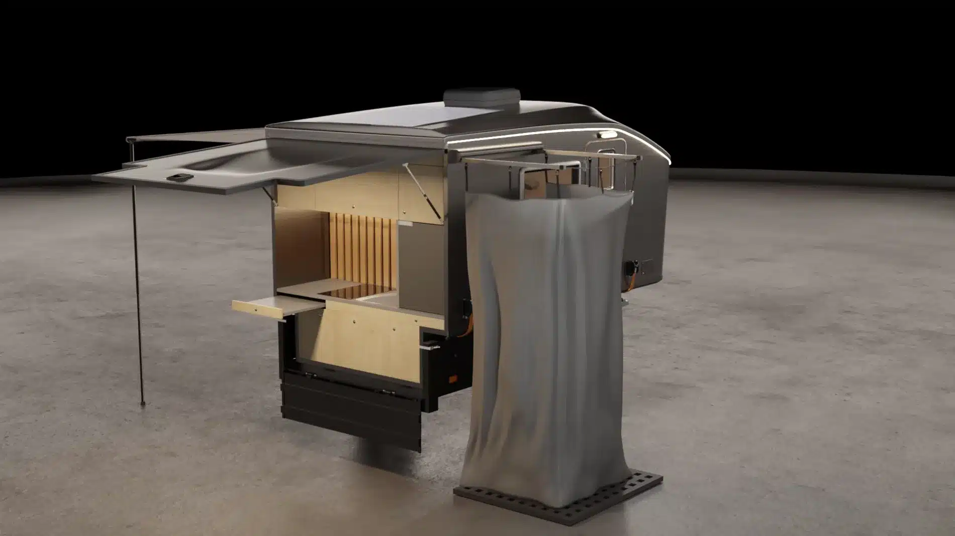 Ultrakompakter Micro-Camper Vulpes S – geöffnete Perspektive mit Küche, Stauraum und Outdoor-Bereich