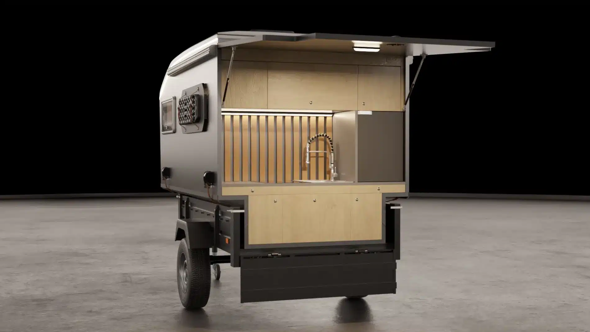 Heckansicht eines ultrakompakten Vulpes S Micro-Campers mit geöffneter Klappe und moderner Küchenzeile für den Campingalltag.