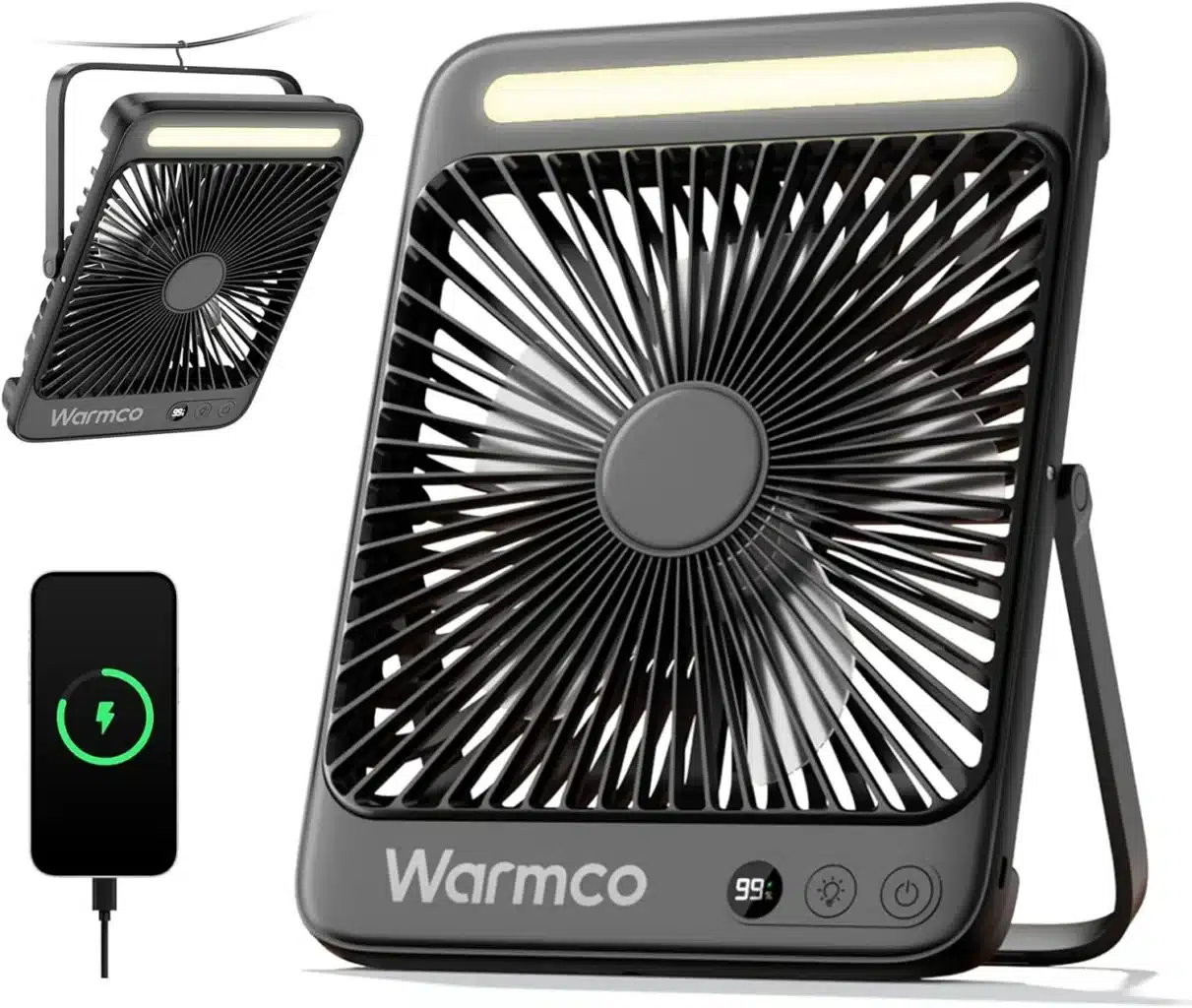 Warmco CoolPrime D4 Campingventilator mit USB-C-Anschluss, LED-Leuchte und digitalem Display, stehend und hängend verwendet.